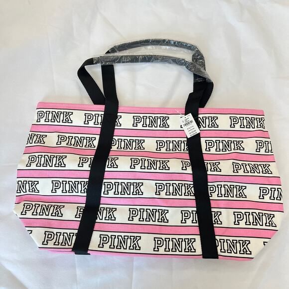 Victoria's Secret Pink Tote Weekender Bag Pink Black Logo Stripe Canvas - Picture 2 of 5